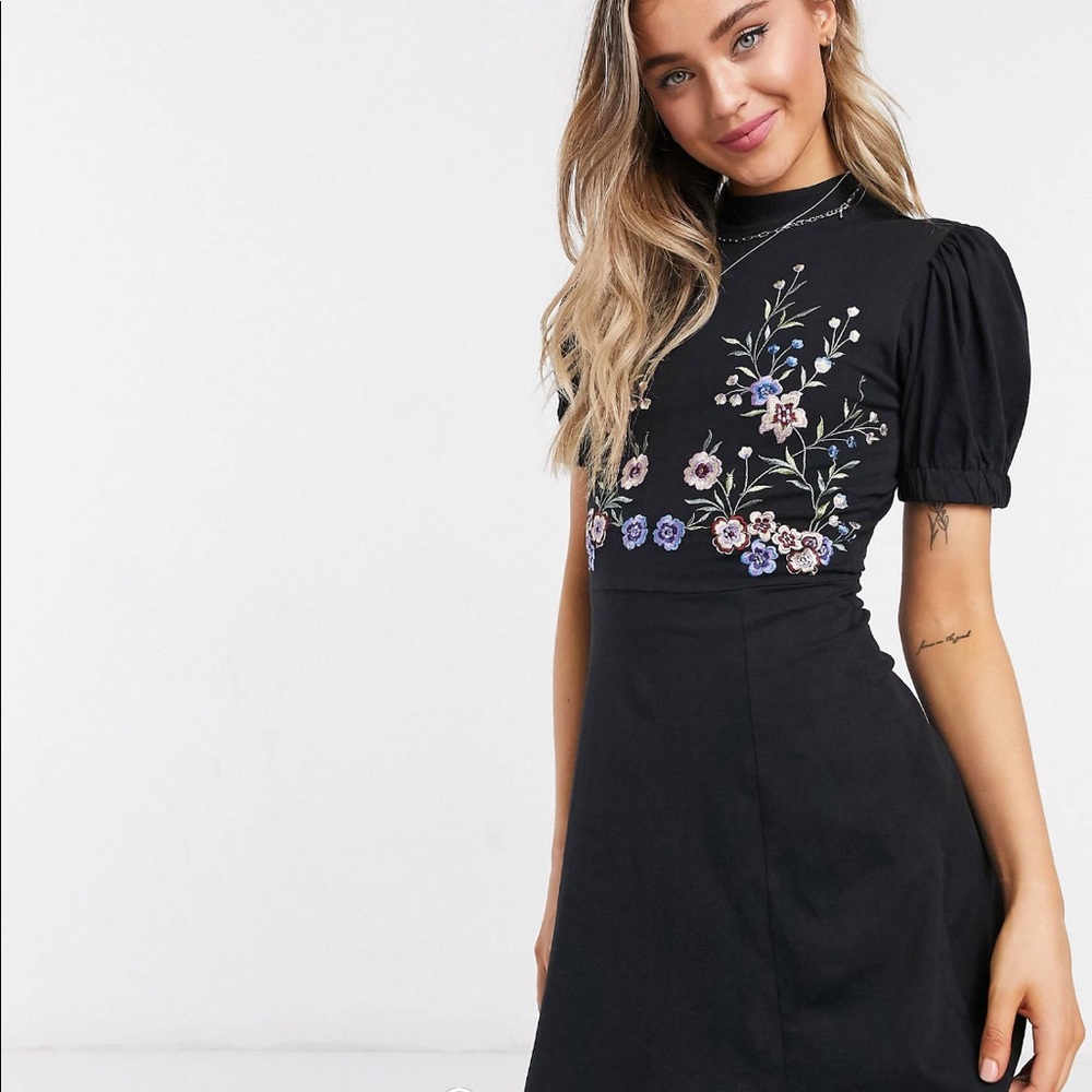 Black floral embroidered dress